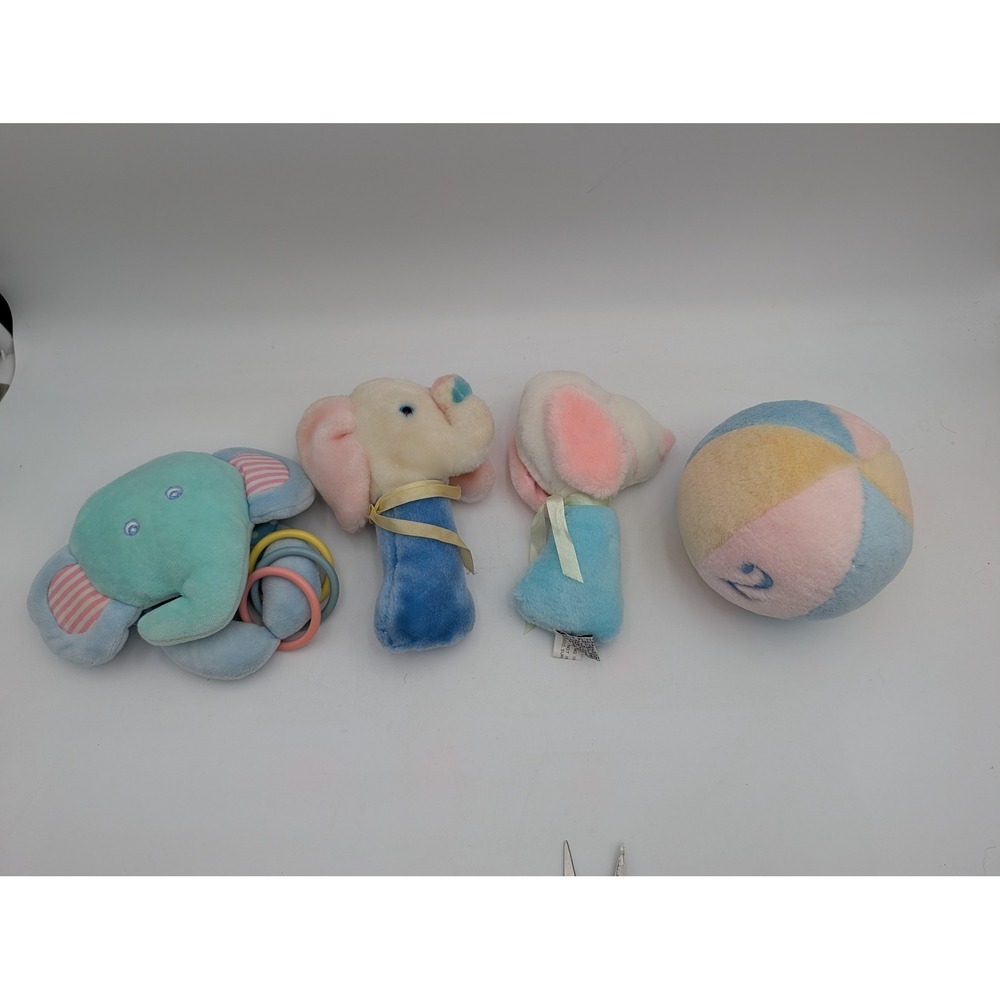 Eden Baby Rattle Plush Set Pastel Blue Pink Elephant Mirror Ball Snoopy Lot of 4